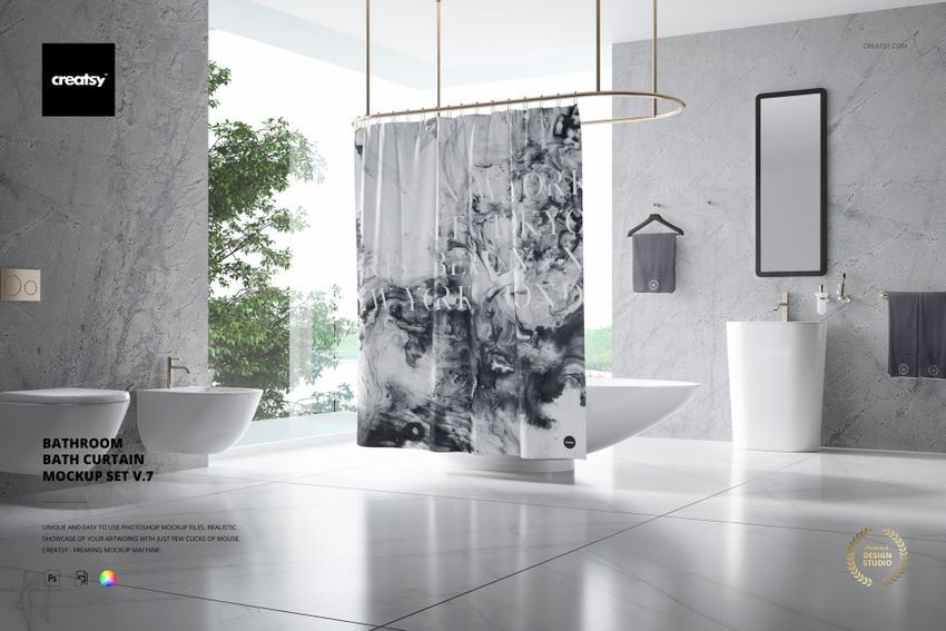 Contemporary bathroom scene showing a bath curtain mockup with monochrome abstract design, bathtub and sink visible.