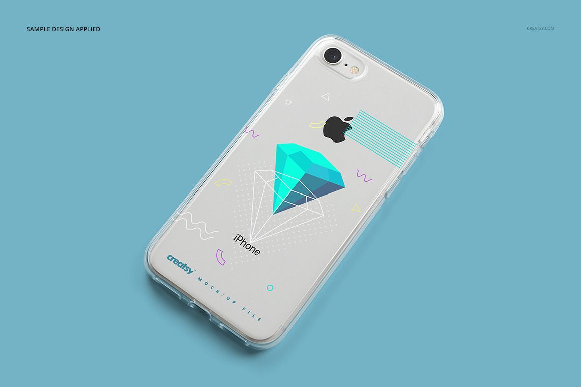 iPhone 8 clear case mockup featuring a colorful abstract diamond pattern, displayed on a flat light blue surface.