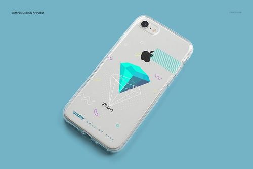 iPhone 8 clear case mockup featuring a colorful abstract diamond pattern, displayed on a flat light blue surface.