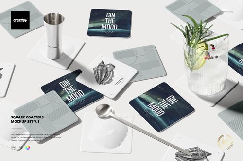 Top view of square coasters mockup set featuring geometric and text patterns, surrounded by a spoon and glass.