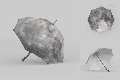 Umbrella PSD mockup set featuring a realistic moon texture design, displayed from front, side, and top perspectives.