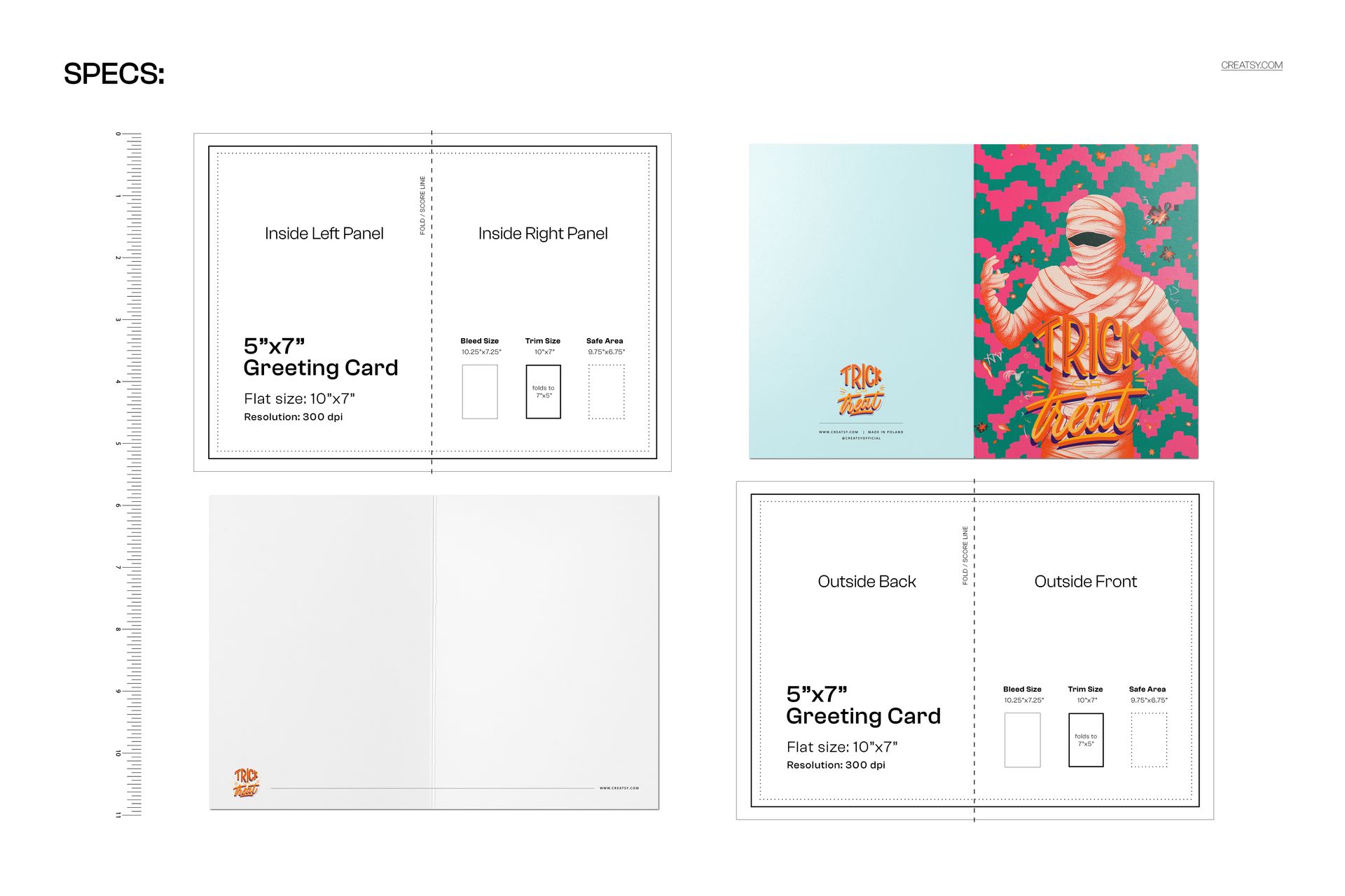 Front and back view of a Halloween greeting card mockup featuring a wrapped mummy illustration and vibrant patterns.