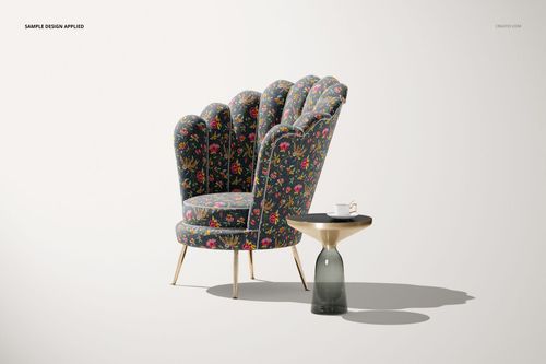 Floral-patterned velvet shell armchair mockup shown in a well-lit scene with a modern side table and neutral backdrop.