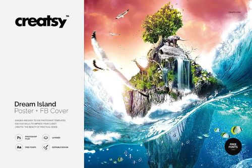 Front view of a Dream Island poster mockup featuring a floating island with trees, waterfall, birds, and underwater sea life.