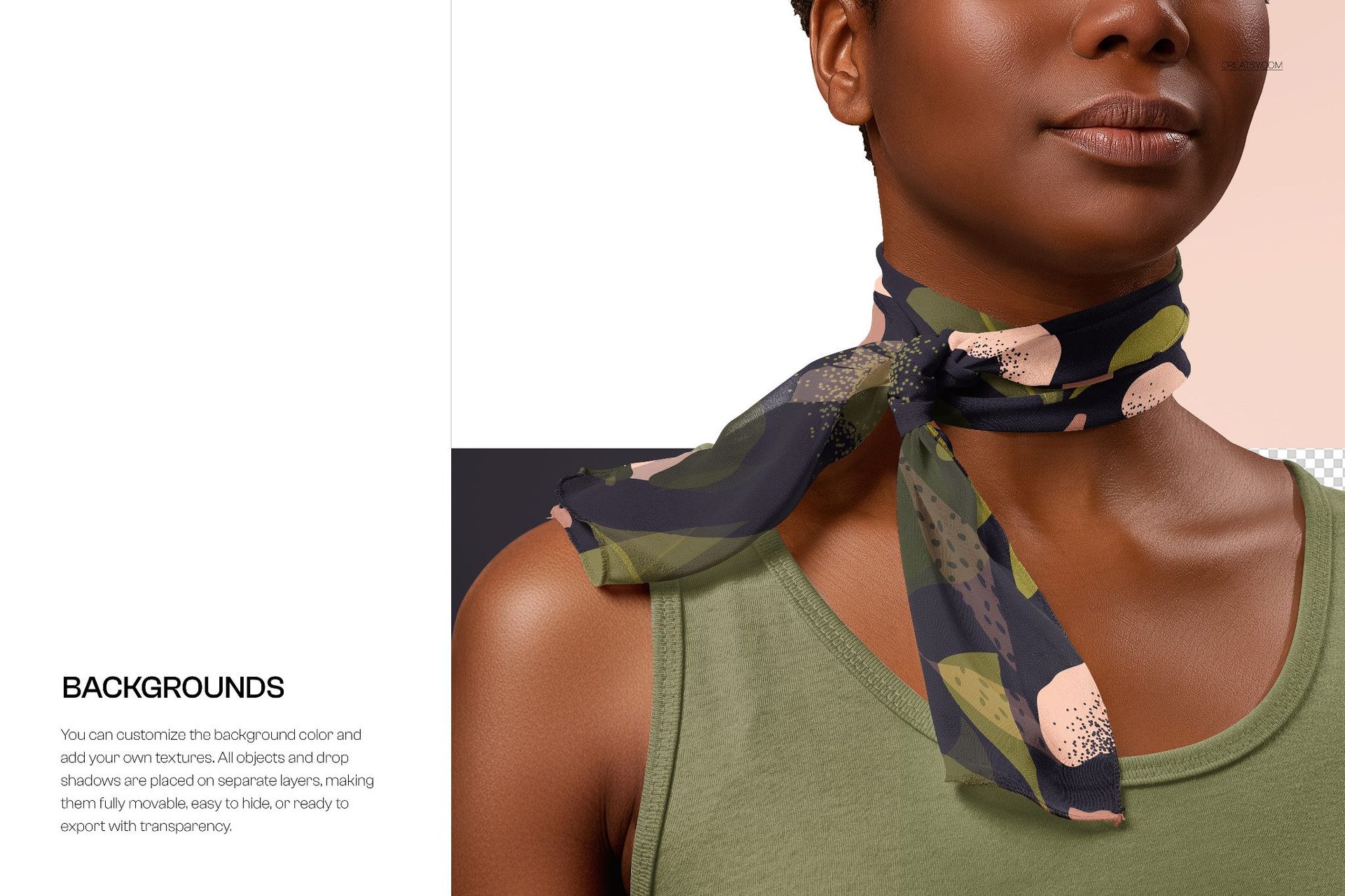 Narrow chiffon silk scarf featuring a semi-sheer design with organic shapes, wrapped around the neck in a PSD mockup.