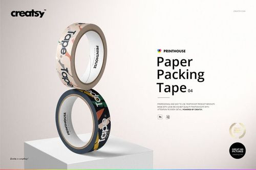 Stacked paper packing tape rolls featuring colorful patterns, shown in a realistic PSD mockup scene on a white pedestal.