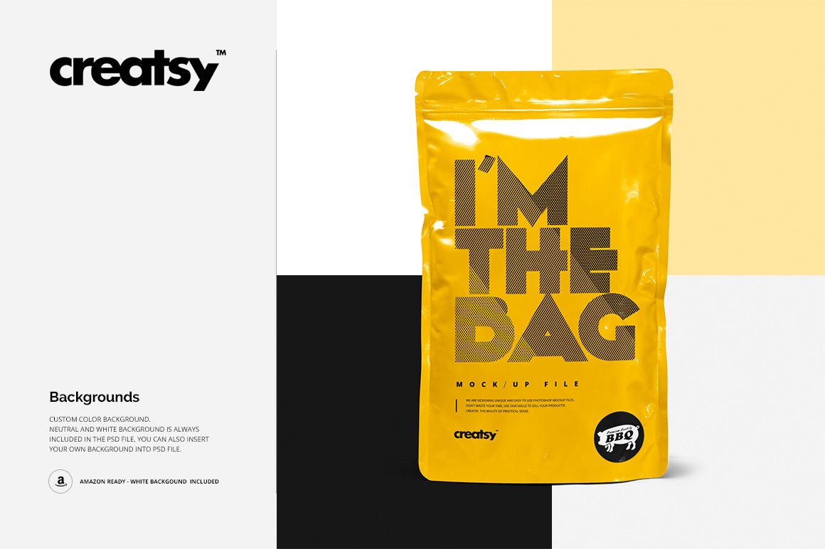 Yellow zip lock packaging bag mockup shown upright on a color-blocked background with white, black, and beige sections.