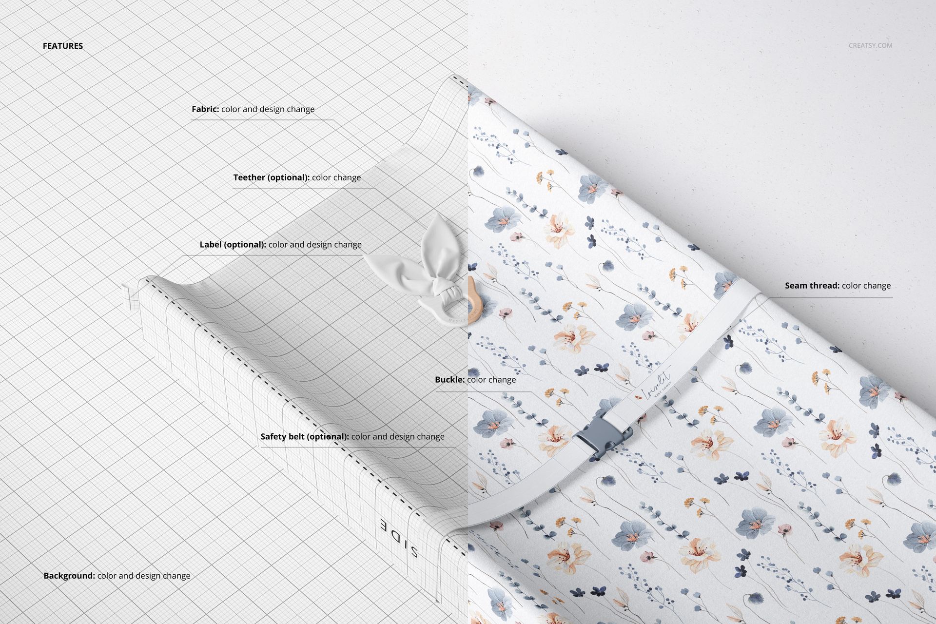 Changing pad mockup showing a rectangular pad with a floral pattern, safety belt, and grid overlay, top view.
