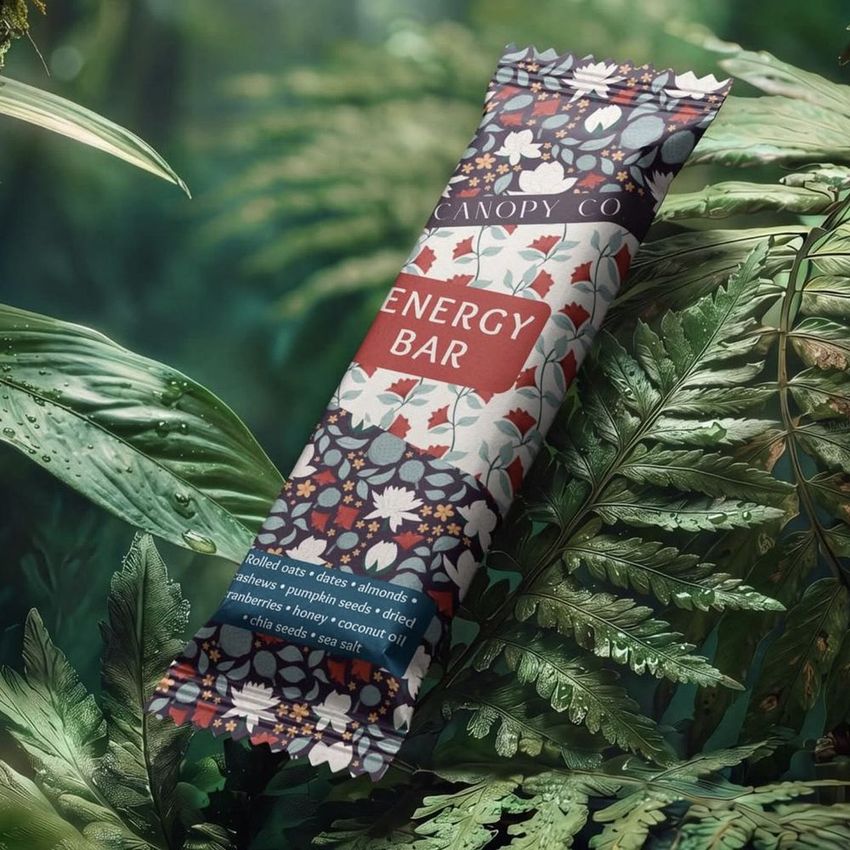 Candy bar packaging mockup placed among lush green tropical leaves, featuring a floral pattern and text overlay.