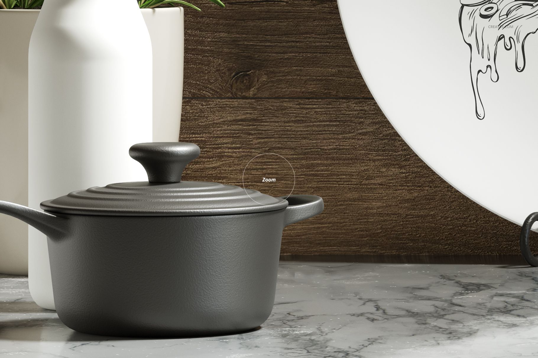 Front view of a plate mockup with a black outlined design, shown next to a textured pot and minimalist vase on a kitchen counter.