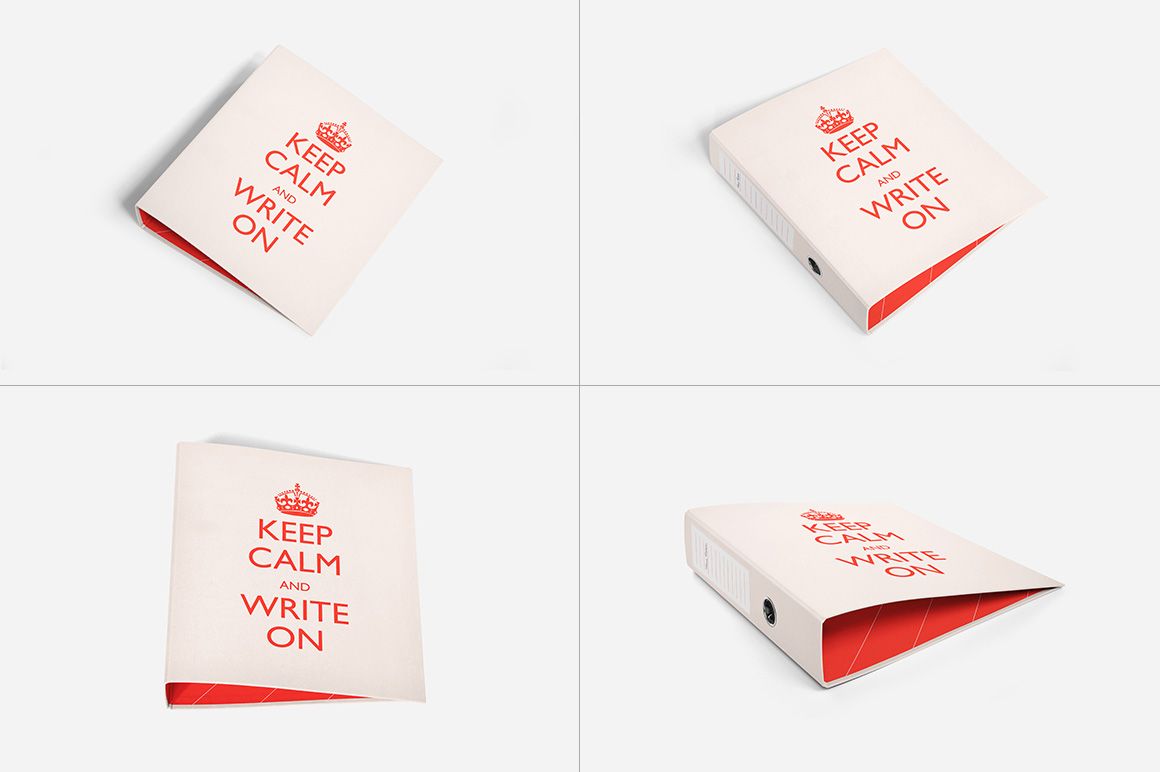 Binder mockup set displaying white binders with red interior and crown graphic, viewed from multiple perspectives.