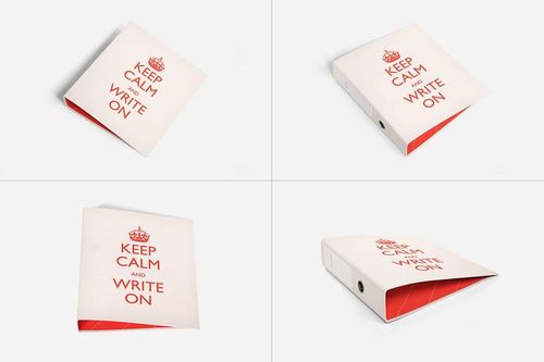 Binder mockup set displaying white binders with red interior and crown graphic, viewed from multiple perspectives.