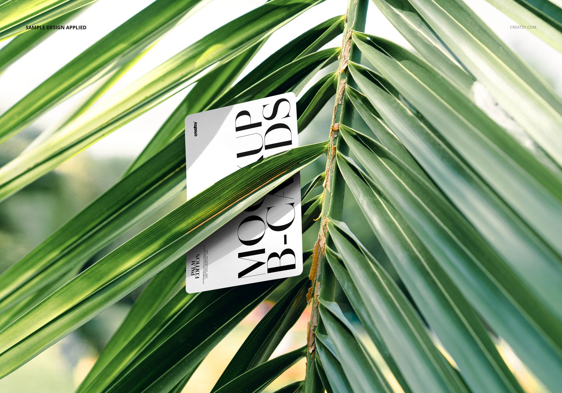 Rectangular business card mockup placed between vibrant palm leaf fronds, shown in a top-down perspective.