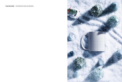 Top view of an 11oz mug placed on snowy surface with small green trees and a toy car, Christmas mockup scene.