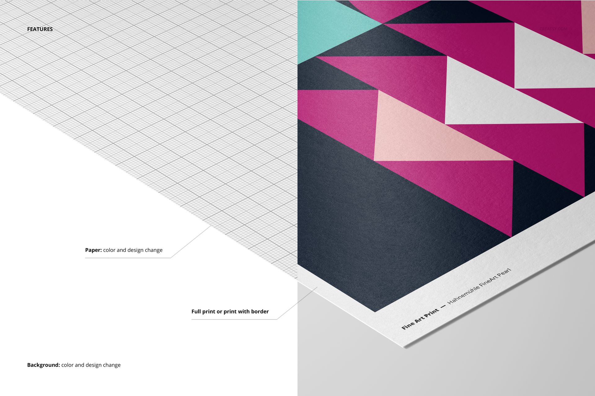 A3 fine art print mockup featuring geometric shapes in pink, navy, and white, shown in close-up on textured paper.