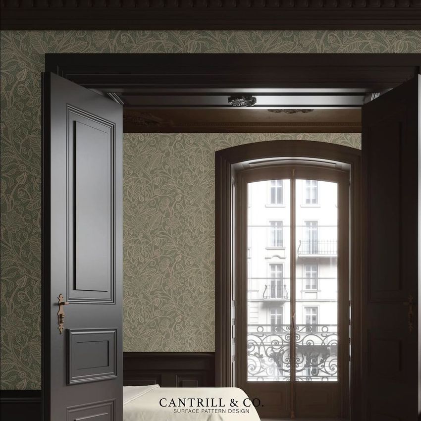 Classical apartment wallpaper mockup showing a room with retro floral patterned wallpaper, dark wood trim, and a large window.