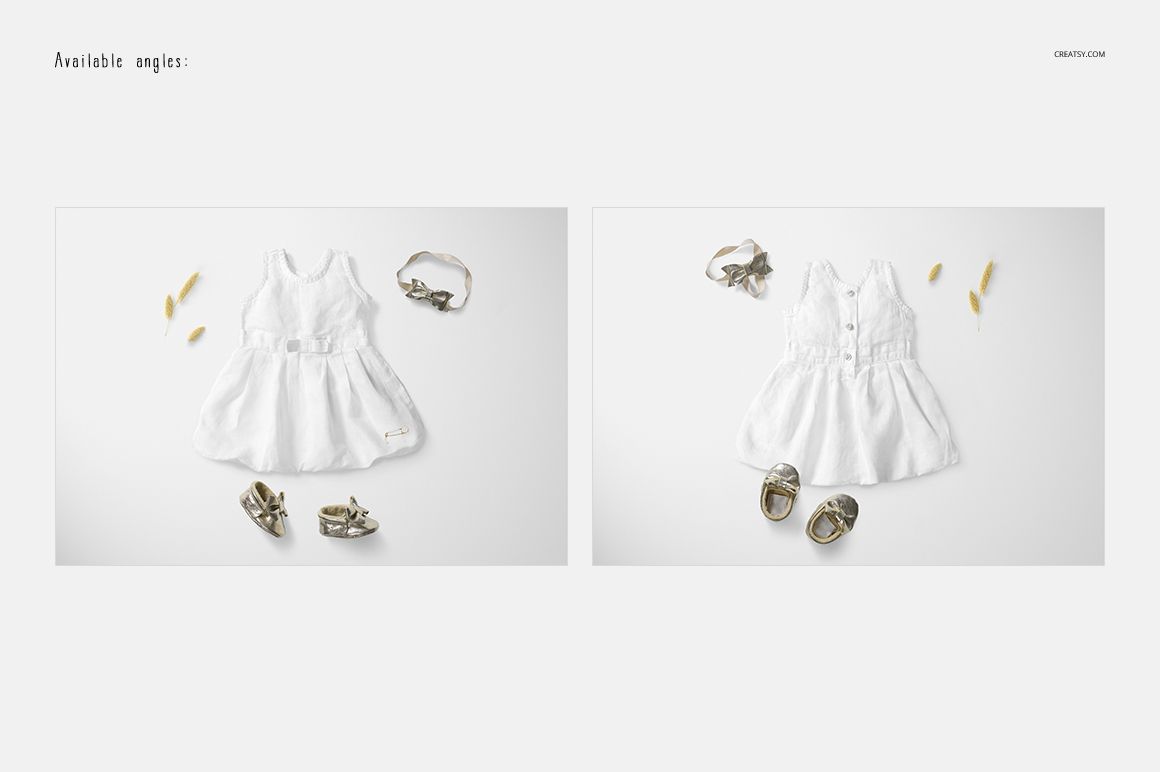 Front and back view of a white sleeveless baby dress mockup, displayed with metallic shoes and small accessories on a light background.