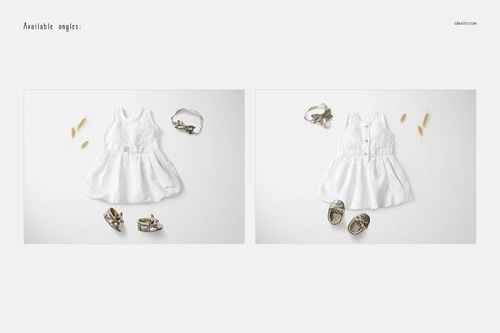 Front and back view of a white sleeveless baby dress mockup, displayed with metallic shoes and small accessories on a light background.