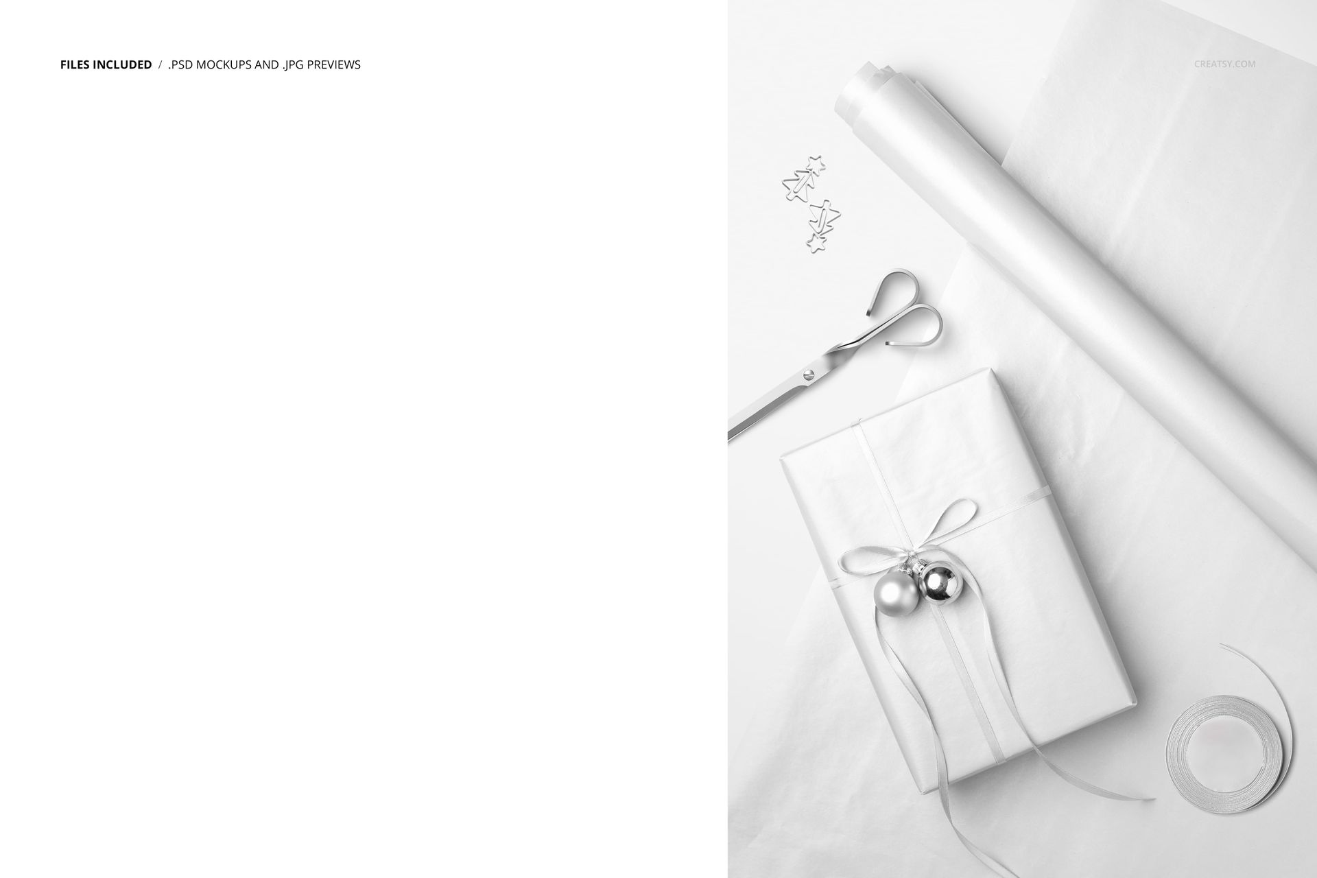 Front angle of a festive PSD mockup featuring a wrapped present, ribbon roll, scissors, and Christmas tree clips on a white surface.