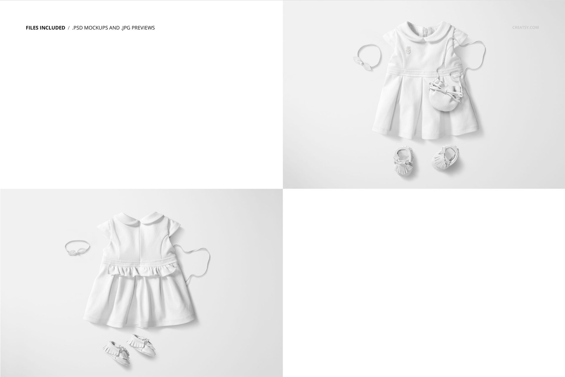 PSD mockup of a white Peter Pan collar baby dress, shoes, headband, and purse arranged on a clean surface.