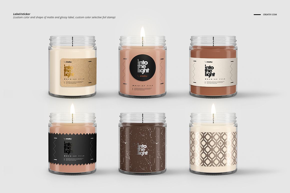 PSD mockup featuring five lit jar candles in glass containers, each with a unique label design, arranged in two rows.