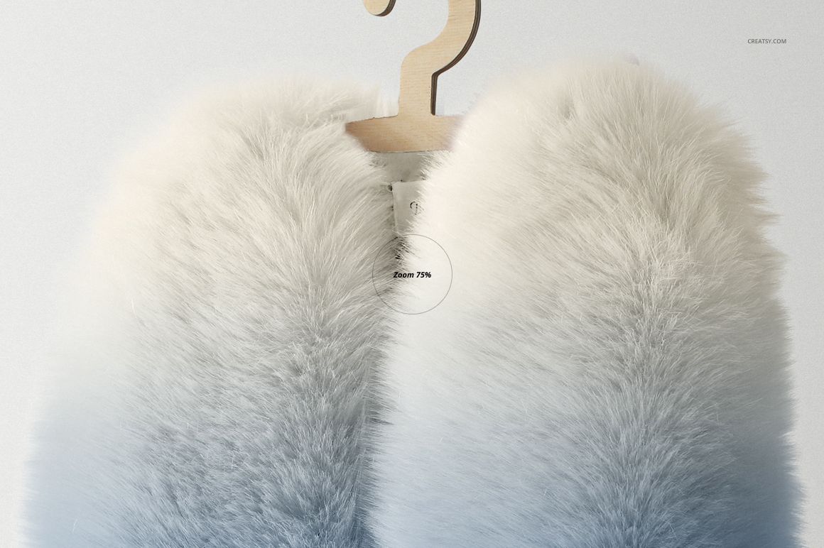 Front view of a baby dress mockup with soft, fluffy white fur texture hanging on a wooden hanger against a light background.