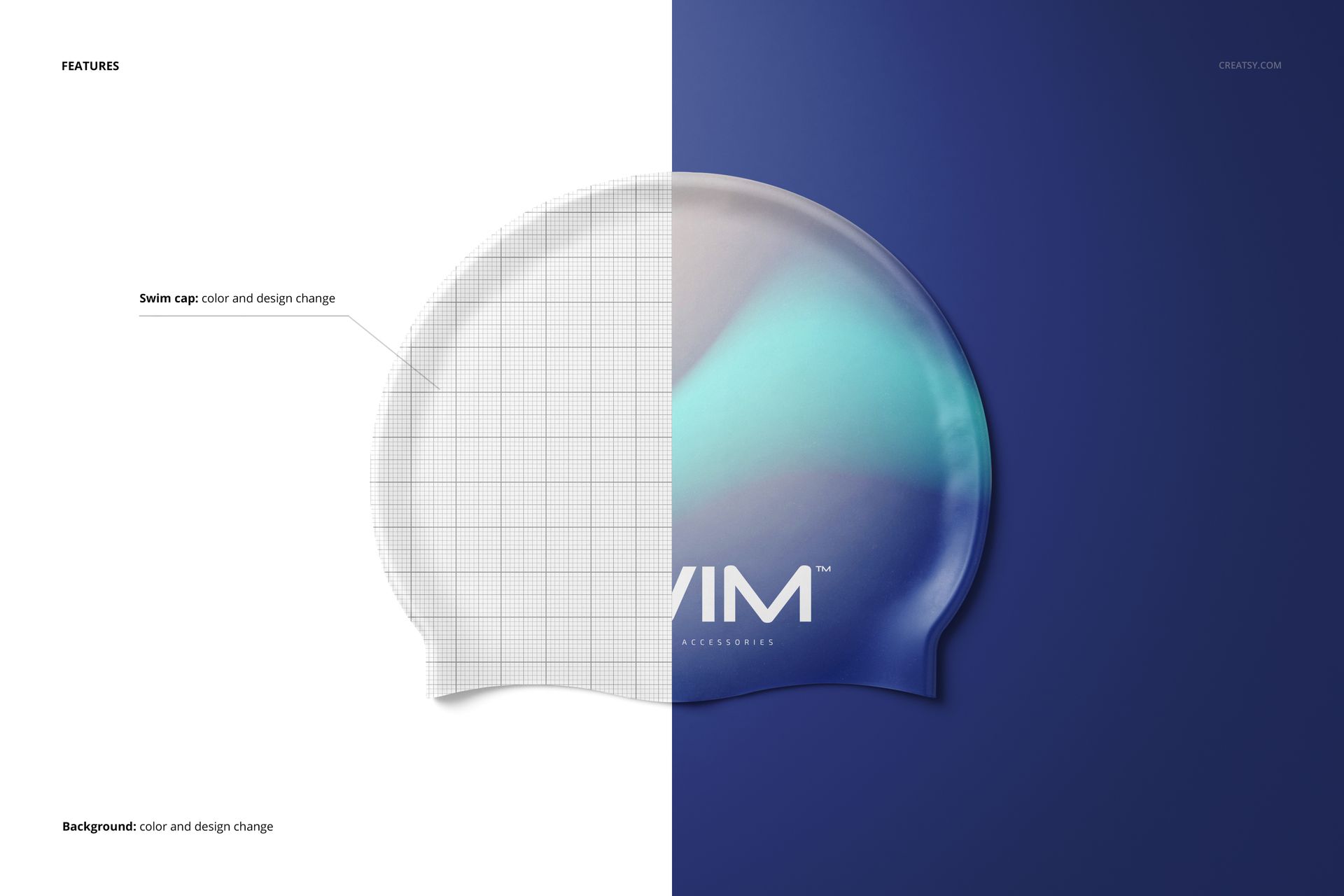 Swim cap mockup shown in split view, left side with a grid overlay and right side featuring a blue gradient design.