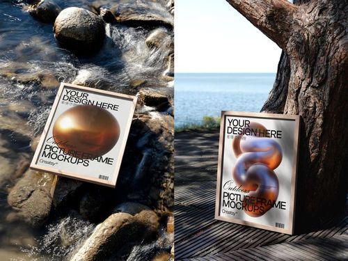 Wooden picture frame mockup displayed outdoors, one on rocks near flowing water and one leaning against a tree by a lake.