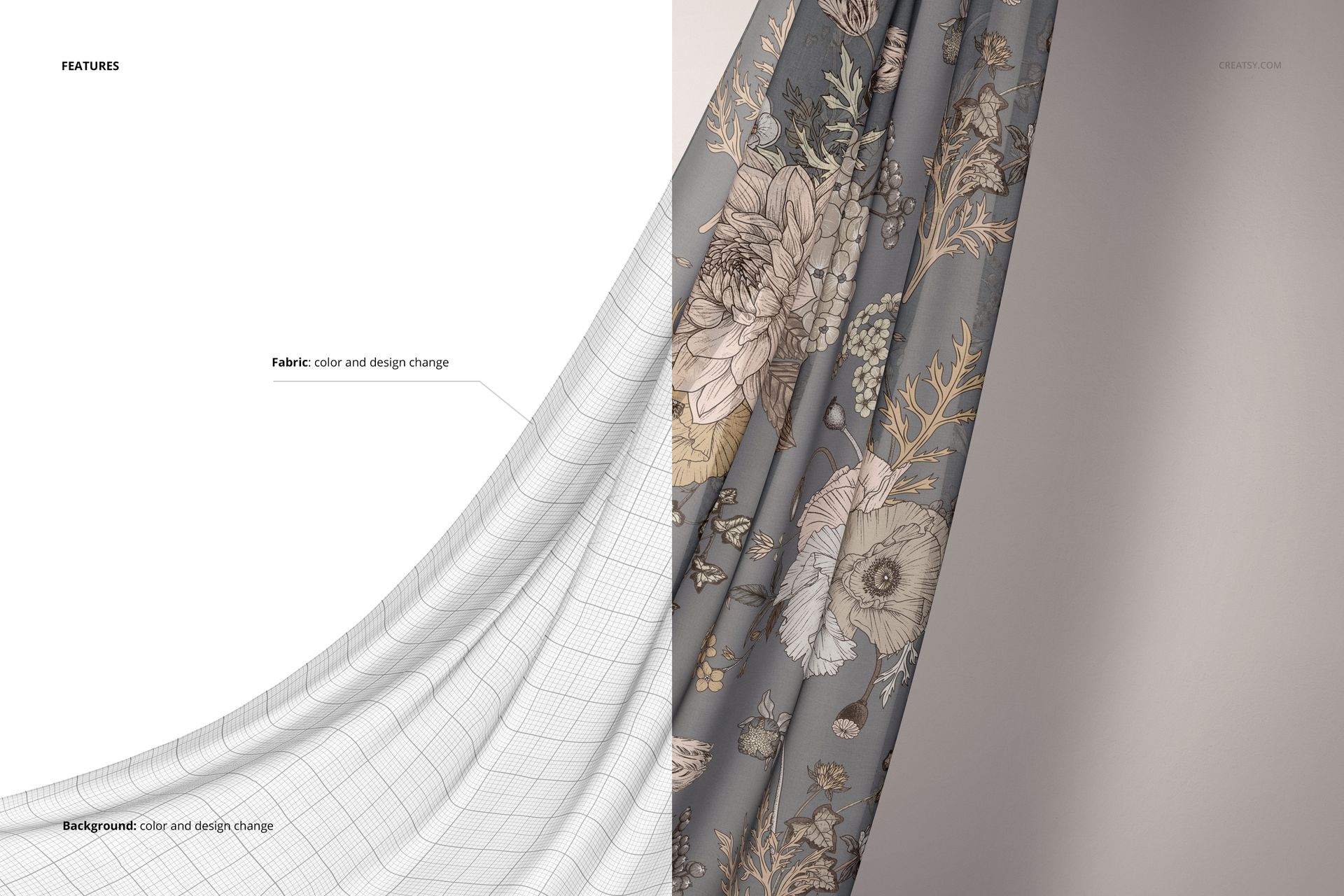 PSD mockup displaying a chiffon silk scarf in a soft gray tone with intricate floral designs, hanging vertically.