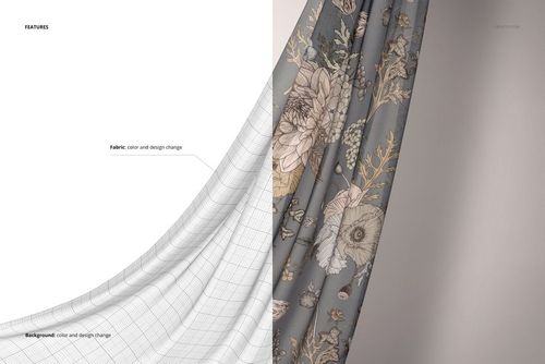 PSD mockup displaying a chiffon silk scarf in a soft gray tone with intricate floral designs, hanging vertically.