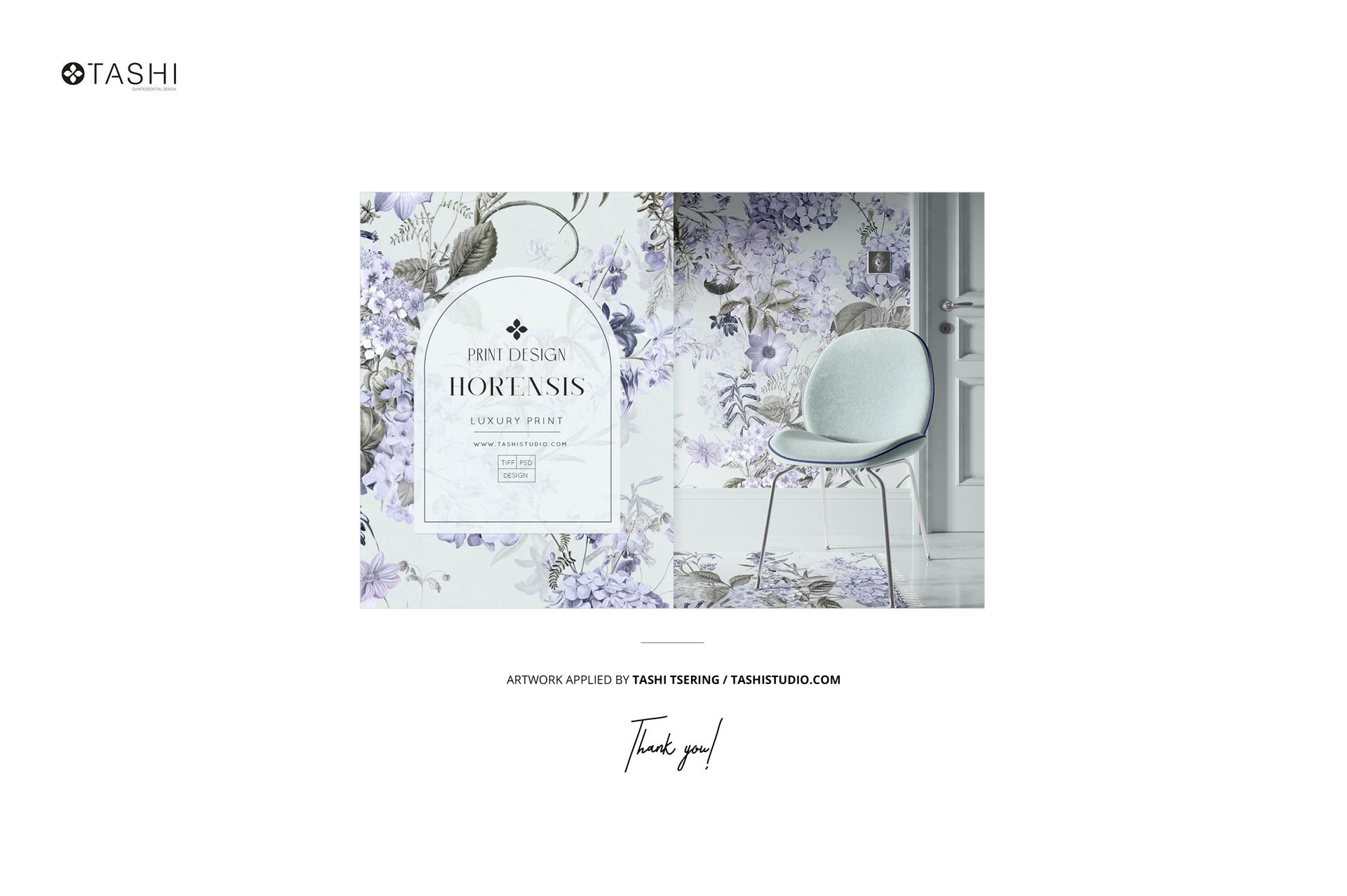 Front view of a brushed cotton sheet mockup with a floral pattern in soft purple and gray tones, next to a modern chair.