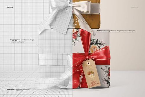 Front view of a mockup showing three neatly wrapped Christmas gifts with gold, white, and floral paper and shiny ribbons.