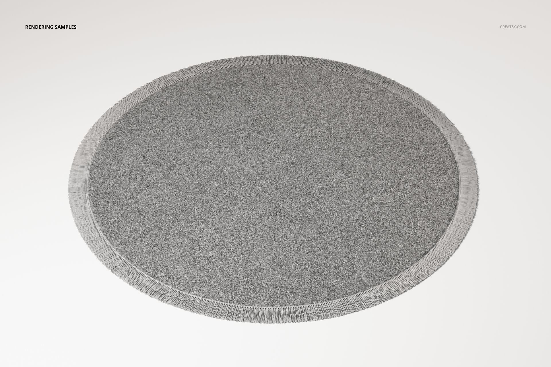 Round fringed rug in light gray color shown from a top view on a plain white background, highlighting its texture.
