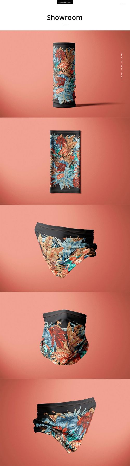 All-over print neck gaiter with tropical leaf pattern shown in five views on a warm coral background, PSD mockup.