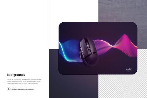Rectangular gaming mouse pad mockup with rounded corners, featuring a dark background and colorful wave pattern.