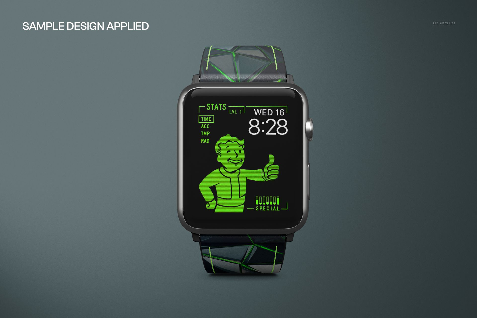 PSD mockup of an Apple Watch with a custom leather strap, green geometric stitching, and digital display, front perspective.