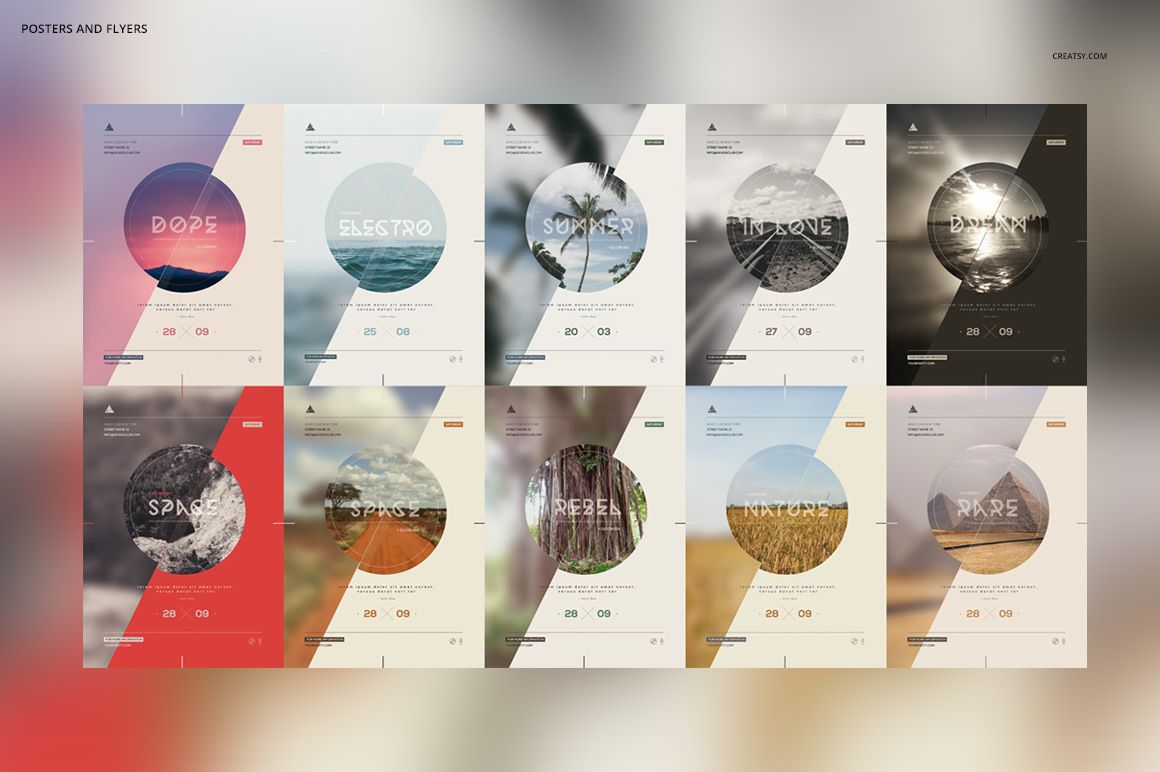Front view of ten minimalistic nature posters arranged in two rows, each featuring geometric shapes and landscape photos.