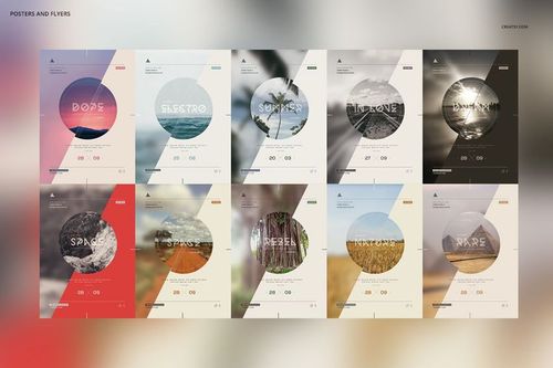 Front view of ten minimalistic nature posters arranged in two rows, each featuring geometric shapes and landscape photos.