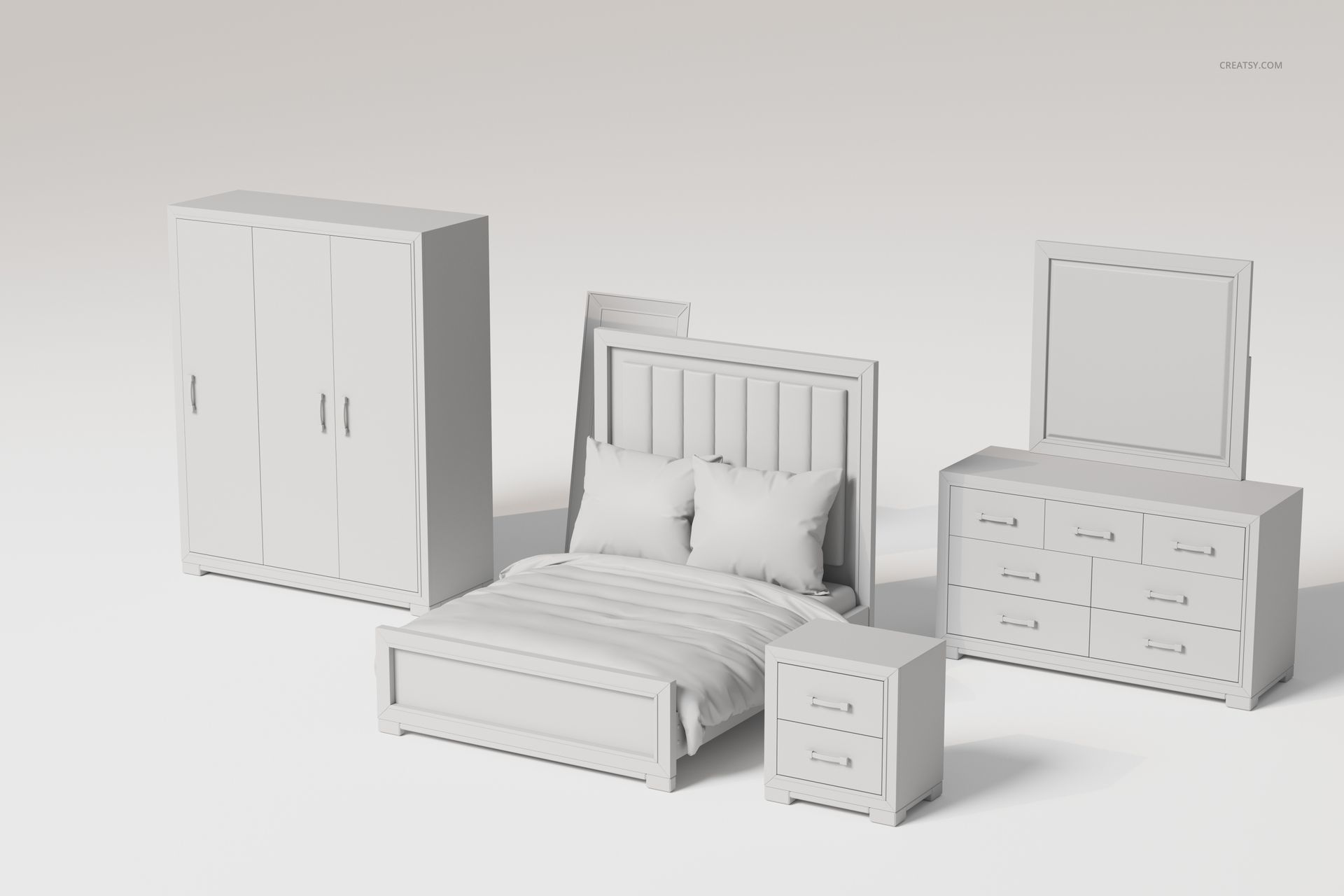 Bedroom furniture set including a bed, wardrobe, nightstand, and dresser, shown in a neutral white color on a plain background.