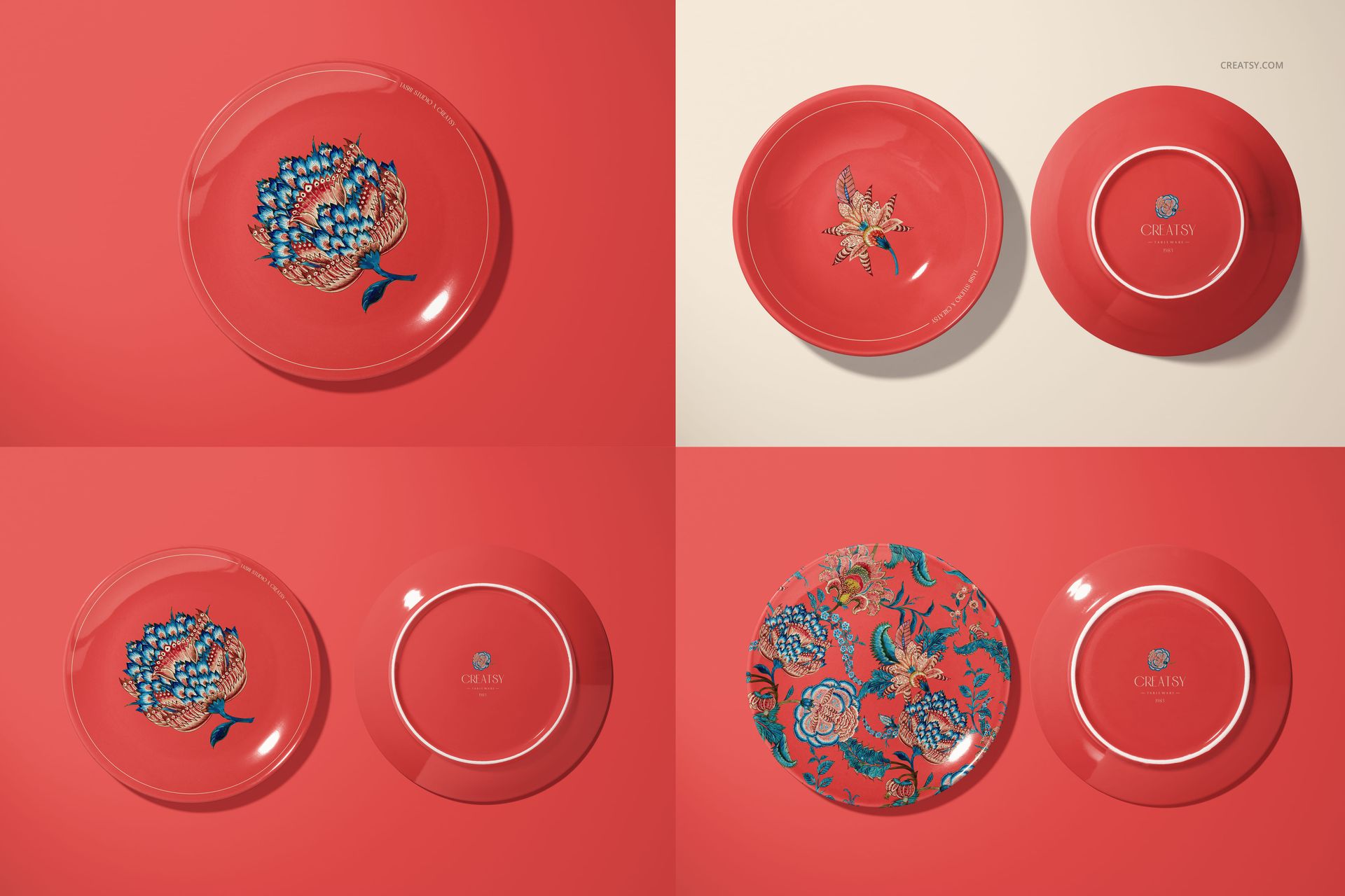 Ceramic plate mockup set displaying red plates with intricate blue and gold floral designs in various arrangements.