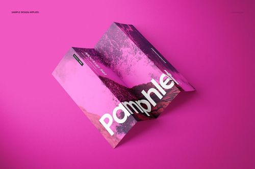 Tri-fold pamphlet mockup displayed on a solid pink background, featuring abstract pink and purple artwork.