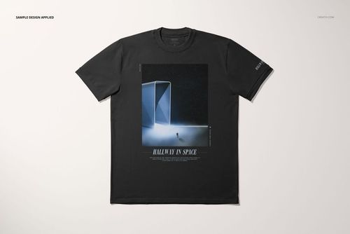 Black oversized t-shirt mockup displayed flat, with a rectangular futuristic space design printed on the front.