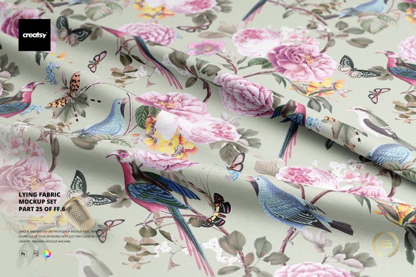 PSD mockup of fabric with a pastel background, decorated with pink flowers, birds, butterflies, and gentle shadows.