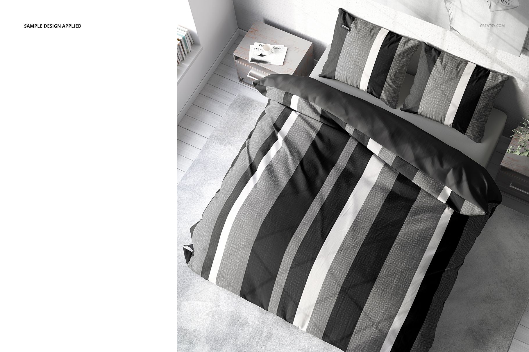 PSD mockup of a double bed with bold vertical stripes on the duvet and pillows, placed in a contemporary room.