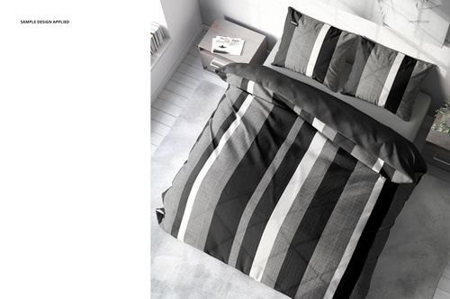 PSD mockup of a double bed with bold vertical stripes on the duvet and pillows, placed in a contemporary room.