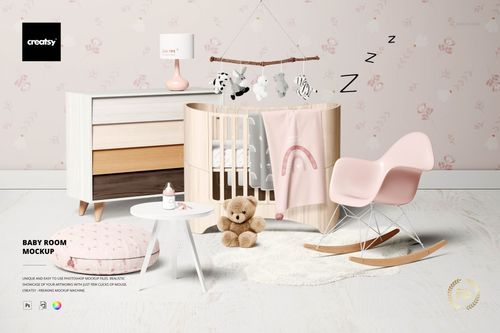 Baby room mockup featuring a wooden crib, pink rocking chair, dresser, teddy bear, and pastel decor in a soft setting.
