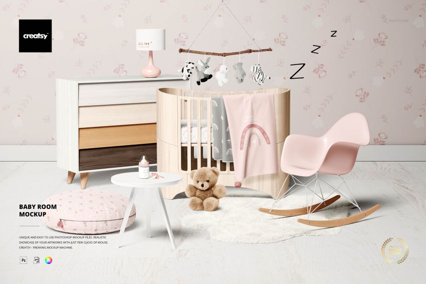 Baby room mockup featuring a wooden crib, pink rocking chair, dresser, teddy bear, and pastel decor in a soft setting.