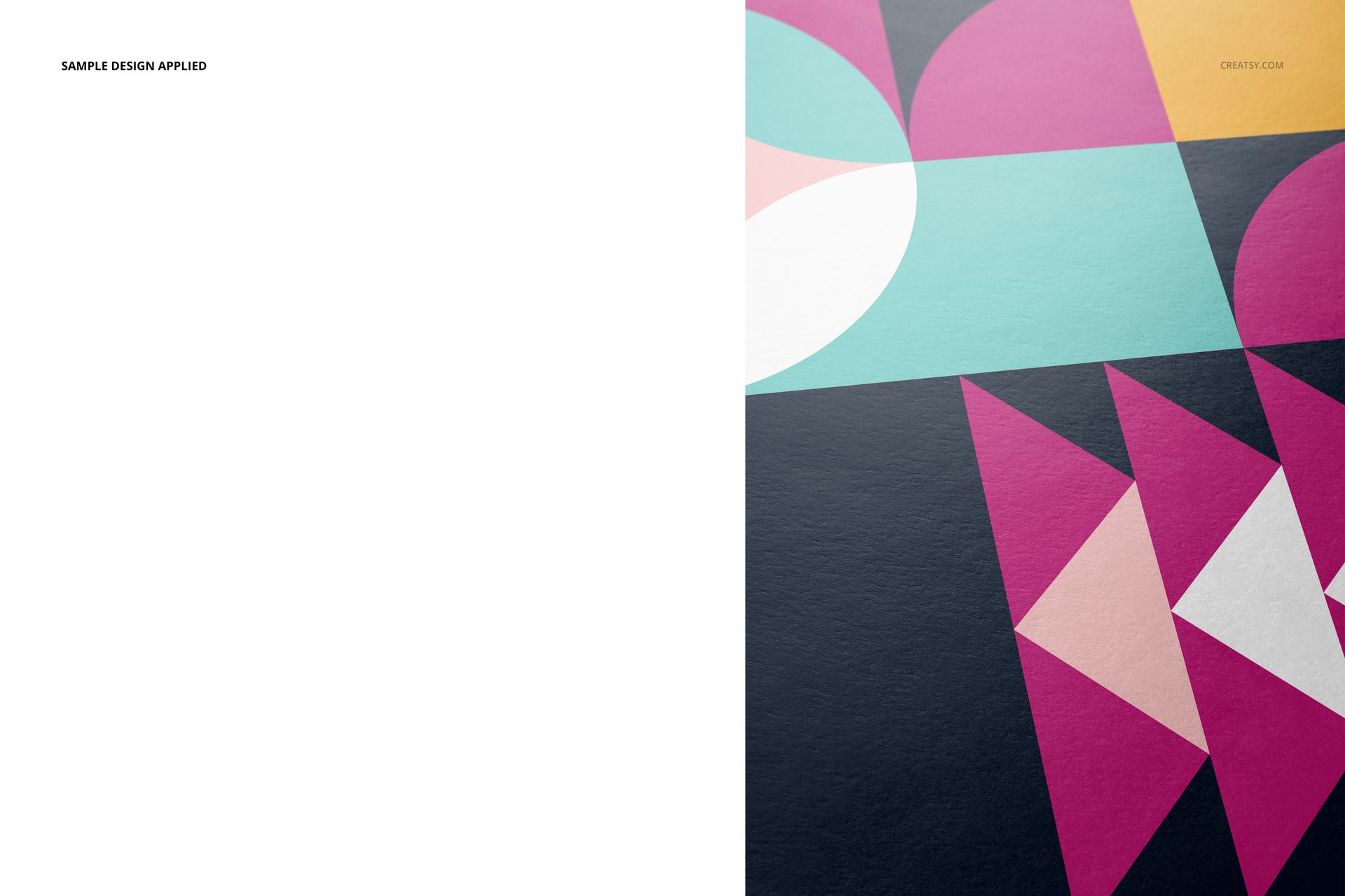 A3 fine art print mockup featuring a geometric abstract design in pink, teal, yellow, and navy, shown close-up.