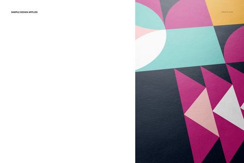 A3 fine art print mockup featuring a geometric abstract design in pink, teal, yellow, and navy, shown close-up.