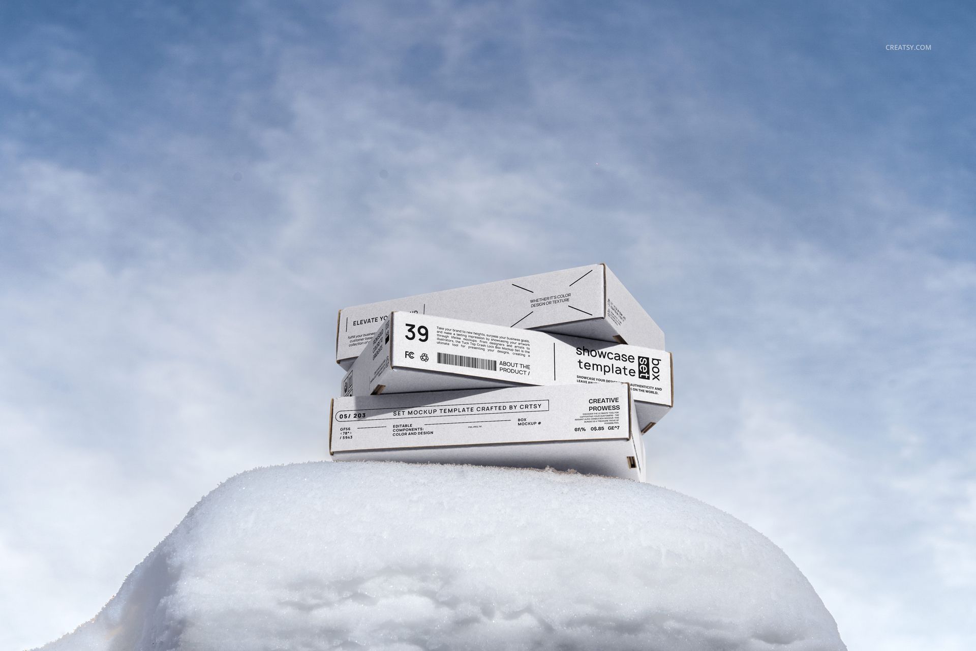 Winter edition PSD mockup featuring several packaging boxes on snow with a clear sky background.